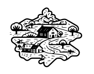 Village houses sketch. Rural landscape countryside.
