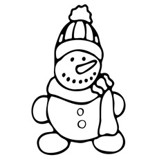 hand drawn doodle snowman, element on a white background, winter coloring page