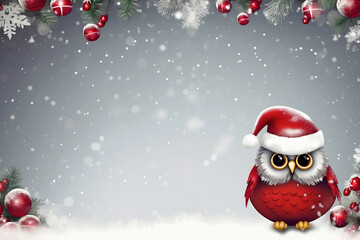 Christmas Background with owl Christmas on gris background. Winter holiday season. Christmas, New Year. Christmas promo banner. Festive concept.