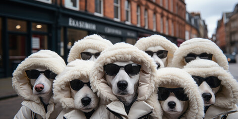 group of bloodhound, agent dogs in dark glasses and white coats with hoods - obrazy, fototapety, plakaty