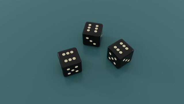 3D render animation footage of three dices rolling with the result of points. Six, six and six.