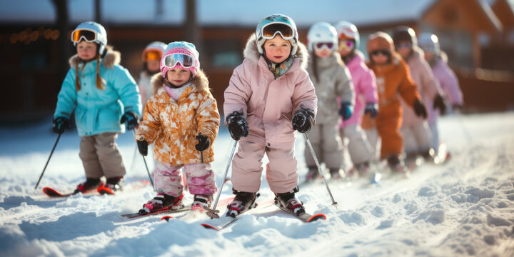 group of young children on skis at a skiing class