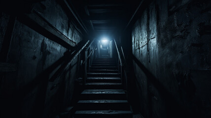 Fototapeta premium Dark Hallway with Stairs to the Sky