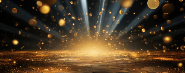 Celestial Celebration: Golden Confetti and Beam of Light, Nighttime Stage with Room for Revelry - obrazy, fototapety, plakaty