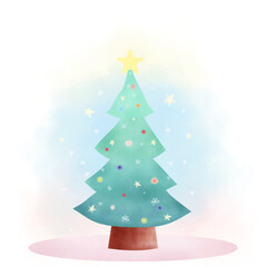 Christmas collection A pastel green Christmas tree and decorative ball lights watercolor technique. Vector illustration drawing.