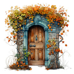 Watercolor autumn door, autumn tree, leaves Generative AI, png image.