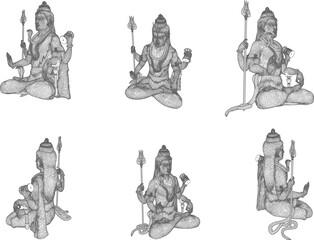 Fototapeta na wymiar Vector sketch illustration design of statue of god shiva sitting cross-legged with trident and snake