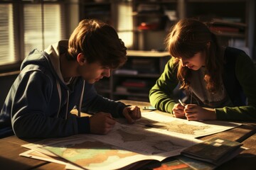 Fototapeta na wymiar Girl and young man work in contour maps on school assignment in geography
