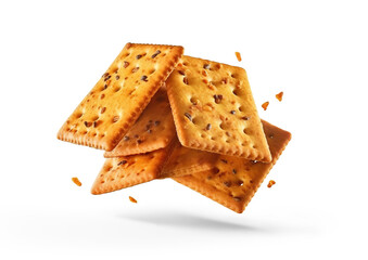 Flying square salty crackers. Manual cut out on transparent