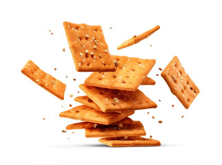Flying square crackers with sesame. Manual cut out on transparent