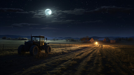 Fototapeta premium landscape with moon and clouds, tractor agriculture, old farm,tractor, field, agriculture, farm, farming, machine, agricultural, sky, equipment, farmer, red, harvest, rural, machinery, old, vehicle