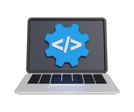 3D program development icon. Web coding, website programming. Laptop with coding icon. 3d illustration