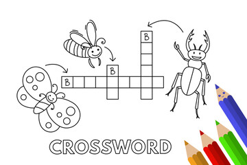 Cute insects crossword. Vector coloring book pages for children education