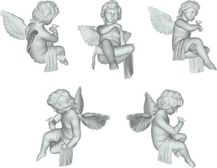 Vector sketch illustration of a little angel with wings sitting playing with a bird