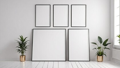White wall with five black picture frames. Concept mockup.