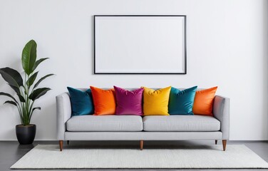 Modern living room with sofa, colorful pillows, white rug. Concept mockup.