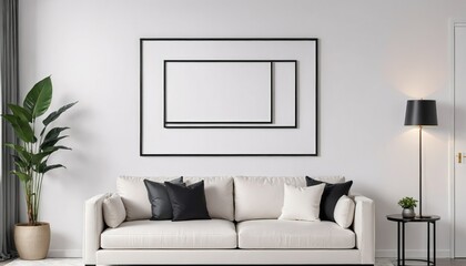 White living room with a white sofa and two empty picture frames - obrazy, fototapety, plakaty