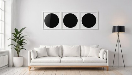 Three black circles in frame. Modern living room with a sofa, black lamp, and plant.