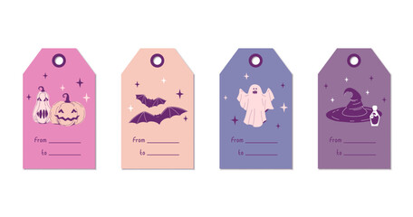 Set Halloween gift tags. Cute label template happy Halloween day for greeting cards, birthdays, invitations, tags, and party decorations. pumpkin, bat, ghost, witch hat, broom cartoon illustrations
