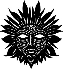 Monochrome vector illustration of sun face tribal figure for logo, symbol, sticker, tattoo t-shirt design, simple flat design on a white background