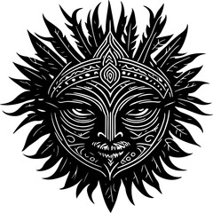 Monochrome vector illustration of sun face tribal figure for logo, symbol, sticker, tattoo t-shirt design, simple flat design on a white background