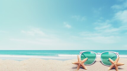 Fototapeta na wymiar Tropical Getaway: Sunglasses and Starfish on Sandy Shore
