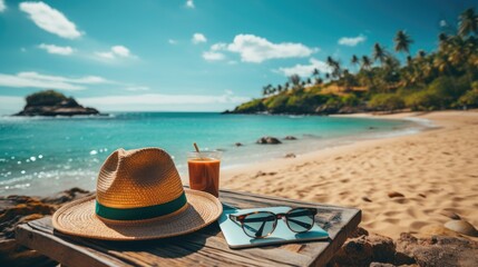 Fototapeta na wymiar Tropical Getaway: Sunglasses and Hat on Sandy Shore