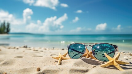 Obraz premium Tropical Getaway: Sunglasses and Starfish on Sandy Shore
