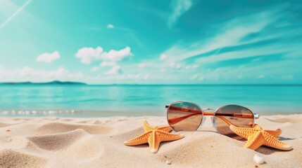 Fototapeta na wymiar Tropical Getaway: Sunglasses and Starfish on Sandy Shore