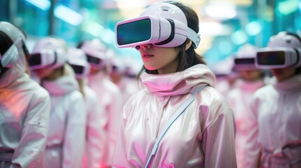 Stylish girls wearing pastel retro outfits and VR headsets, immersed in a futuristic New Year's celebration.