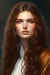 Naklejka premium A full body portrait of a beautiful wild, intricate, elegant, highly detailed, digital painting, artstation, concept art, smooth, sharp focus, illustration, brown hair, black jacket, youthful,, Hannah
