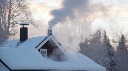 Wooden house covered in snow, smoke rising from its chimney on a winter morning, 