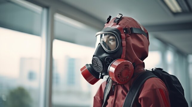 Woman wearing a red chemical suit and a face mask, contamination and pollution concept.