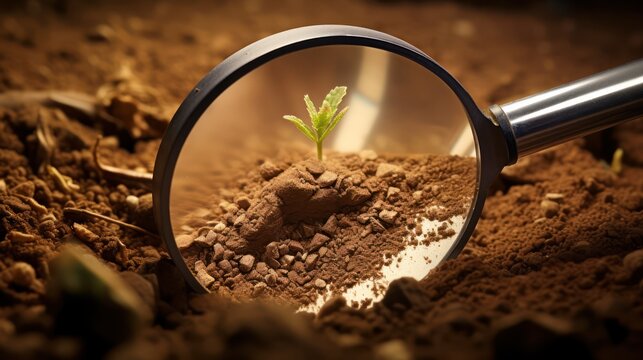 Seedling and dirt under the magnifying glass. Focus on the salt concentration, soil health fertilizer use and sustainable agriculture concept. 