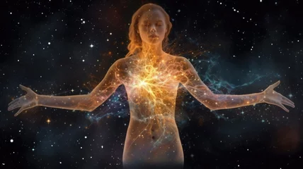 Fototapeten Woman in Yoga Full Body Backlit Pose in the Nebula Galaxy. Generative AI image weber. © Summit Art Creations