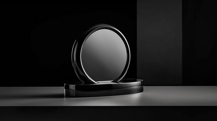 A round black mirror on a dark background.