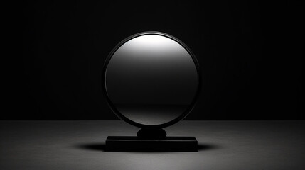 A round black mirror on a dark background. - obrazy, fototapety, plakaty