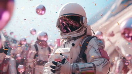 Fototapeta premium Stylish girls wearing pastel retro outfits and VR headsets, immersed in a futuristic New Year's celebration.