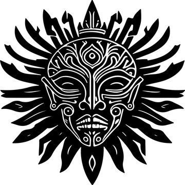 Monochrome vector illustration of sun face tribal figure for logo, symbol, sticker, tattoo t-shirt design, simple flat design on a white background