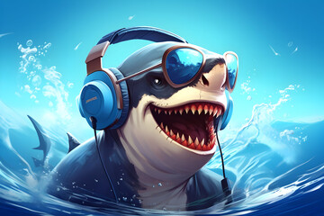 Shark DJ A Music-Spinning Shark Sporting Sunglasses and Headphones Against a Blue Ocean Background