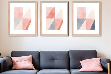 Abstract Geometry on Display A Set of Geometric Wall Paintings and watercolor Abstract Art Presented in Wooden Frames, Elevating Modern Interiors with Triptychs of Geometric Shapes