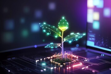 Glowing plant growing on computer chip representing digital ecology business and blurred background - obrazy, fototapety, plakaty