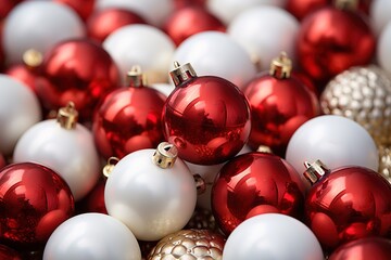 Close up of a variety of red and white Christmas ball ornaments