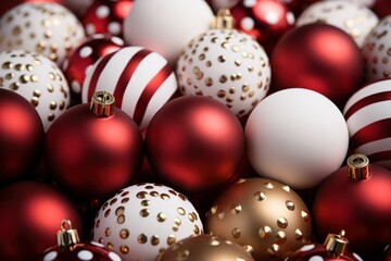 Close up of a variety of red and white Christmas ball ornaments