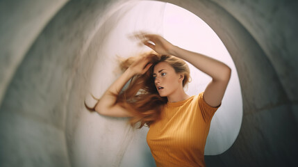 Blonde woman in orange dress suffering from vertigo and nausea - obrazy, fototapety, plakaty
