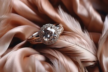 Close up of elegant diamond ring on the finger with feather and gray Scarf background. Diamond ring