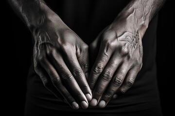 Close up of male hands. Black and white