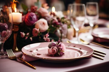 Close up view of serving wedding table in the restaurant