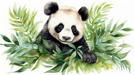 panda with bamboo - obrazy, fototapety, plakaty