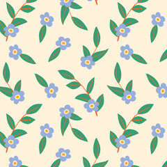 Delicate Floral Pattern with Blue Flowers and Greenery. Vintage folk floral background. Seamless vector pattern for design and fashion prints. Use for for textile, wallpaper, covers.